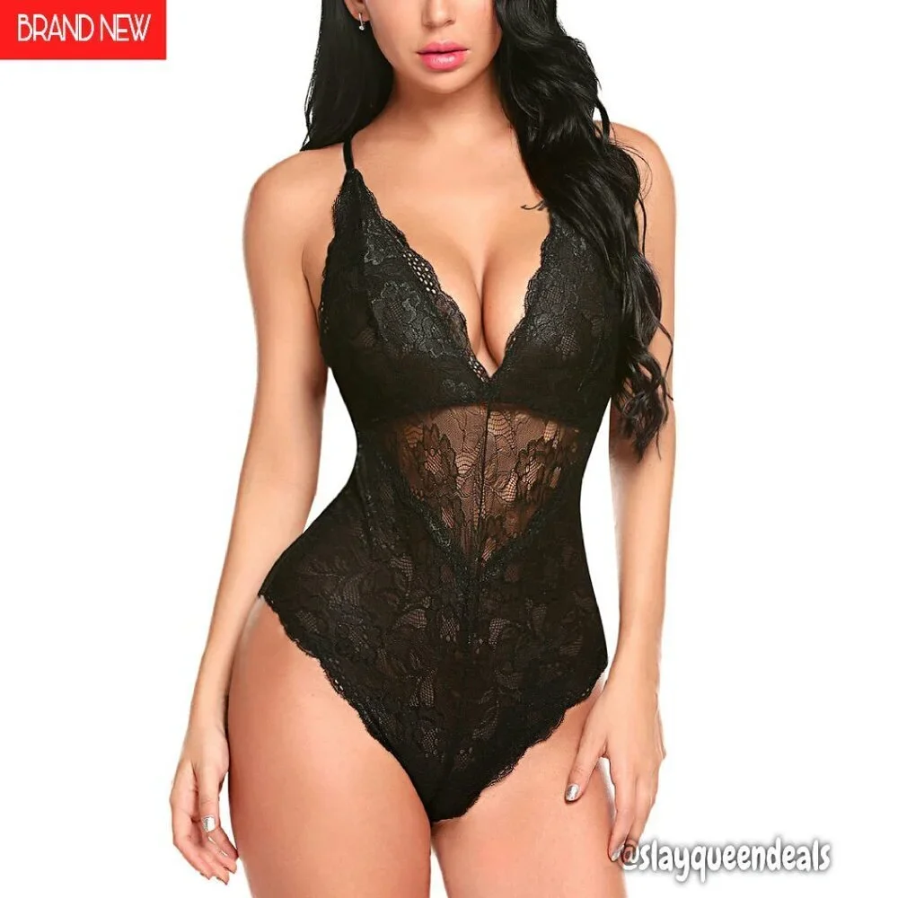 Snap Crotch Lace Bodysuit Deep V Teddy One Piece Lingerie